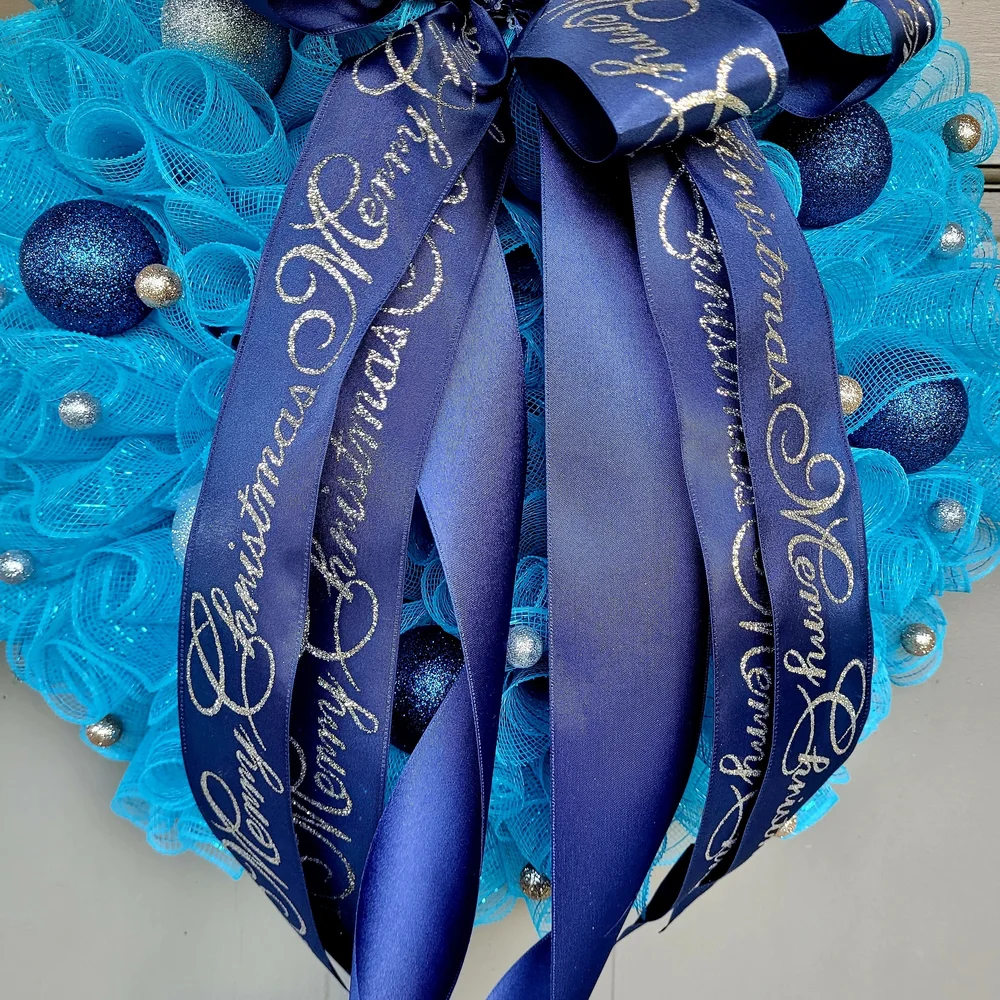 New Handmade Blue Christmas Wreath with Ribbon Accents